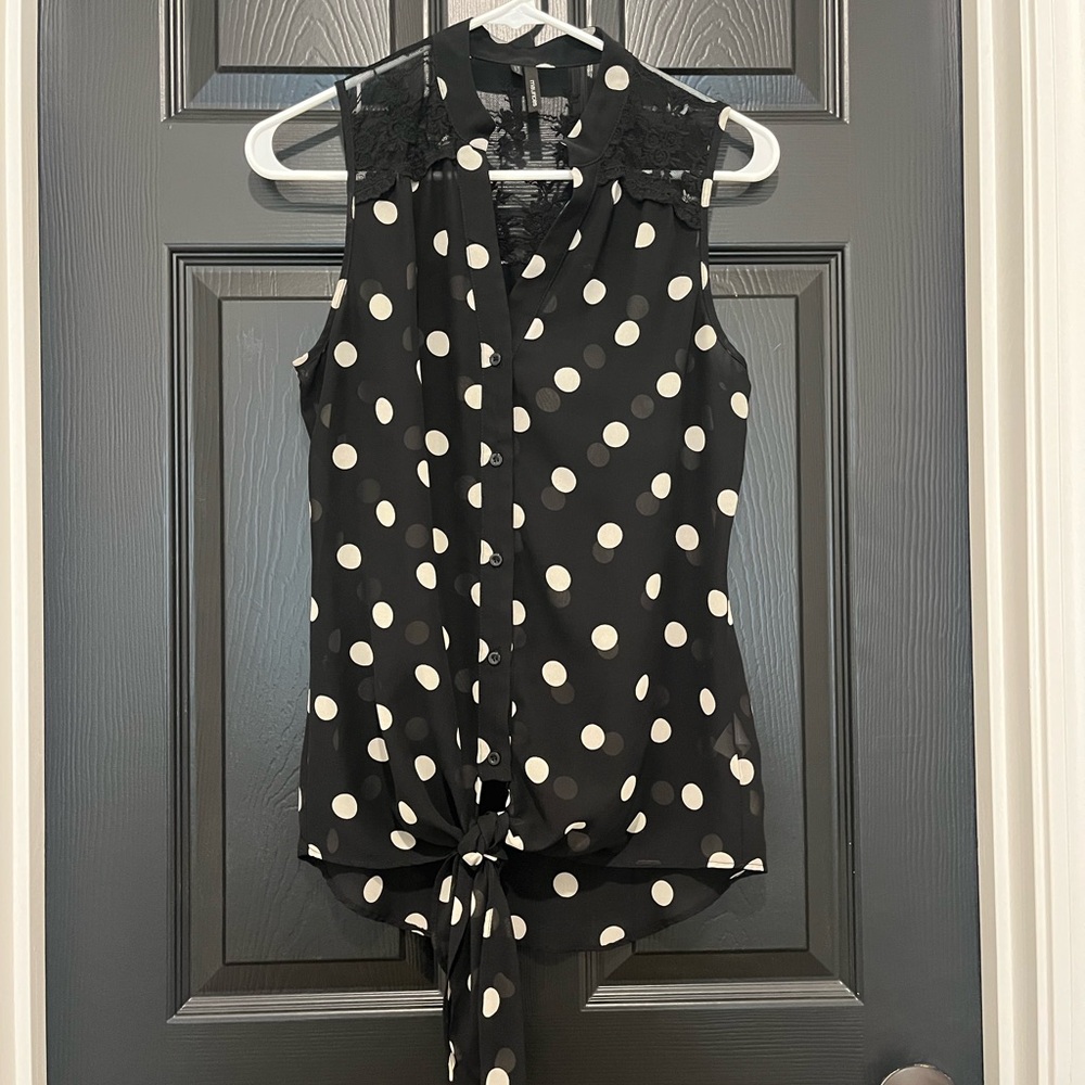 Black and White Asymmetrical Tie Front Sleeveless Blouse